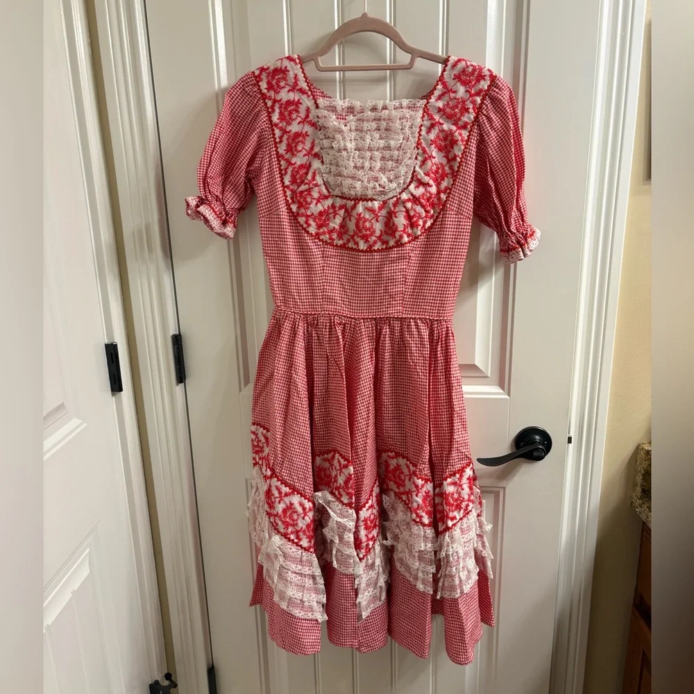 Vintage Nita Smith Red Gingham Embroidered Square Dance Dress Ruffles Lace S - Picture 2 of 10